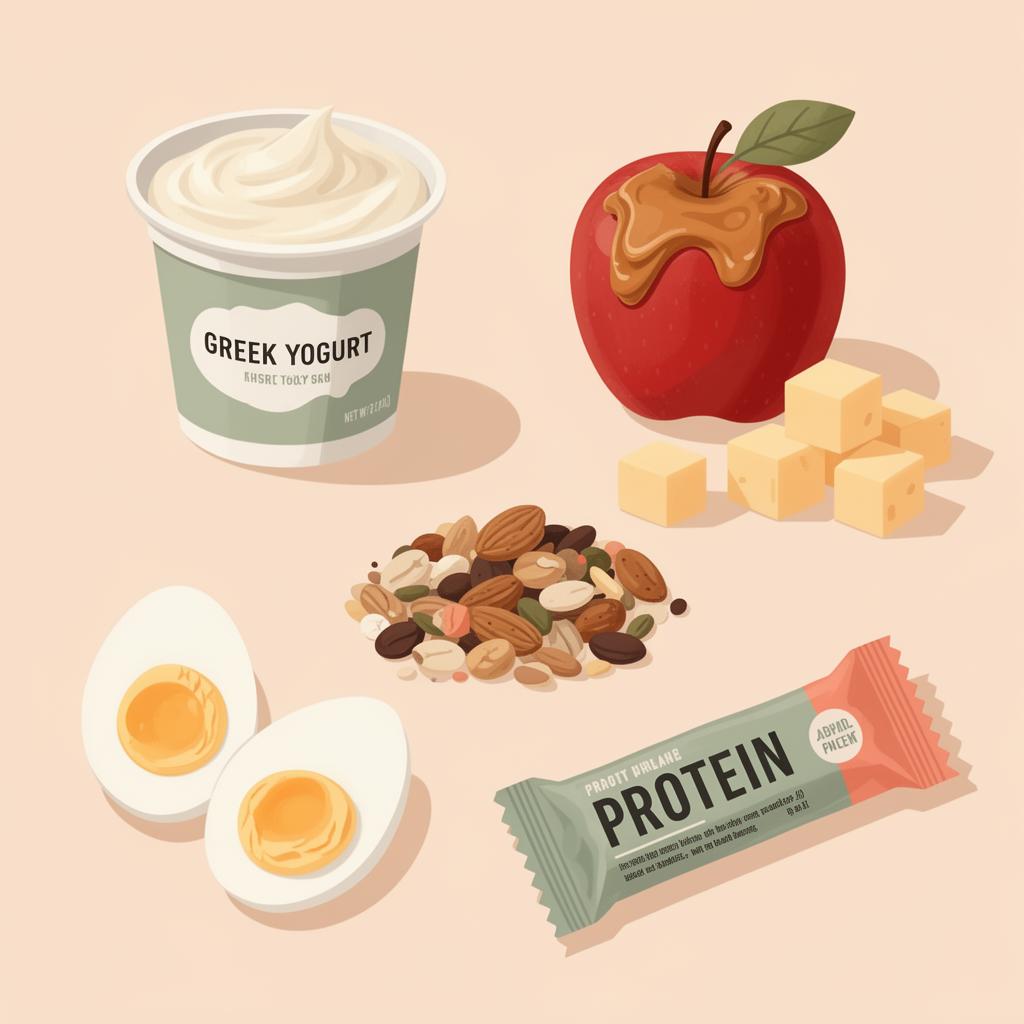 Assortment of snacks including greek yogurt, apple with peanut butter, cheese, eggs, trail mix, and a protein bar